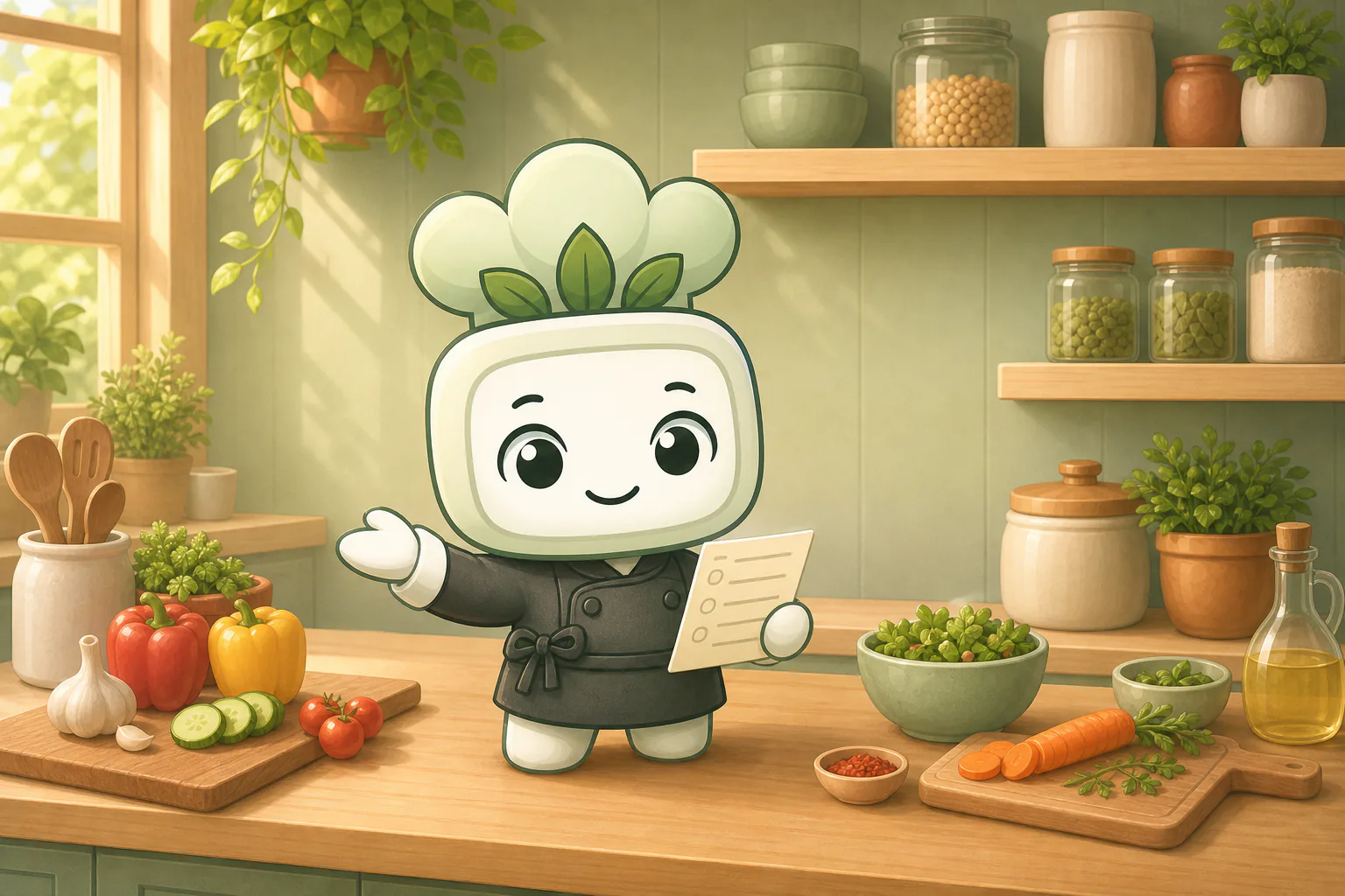 Cheff welcoming you into a warm pantry kitchen with fresh ingredients ready to cook