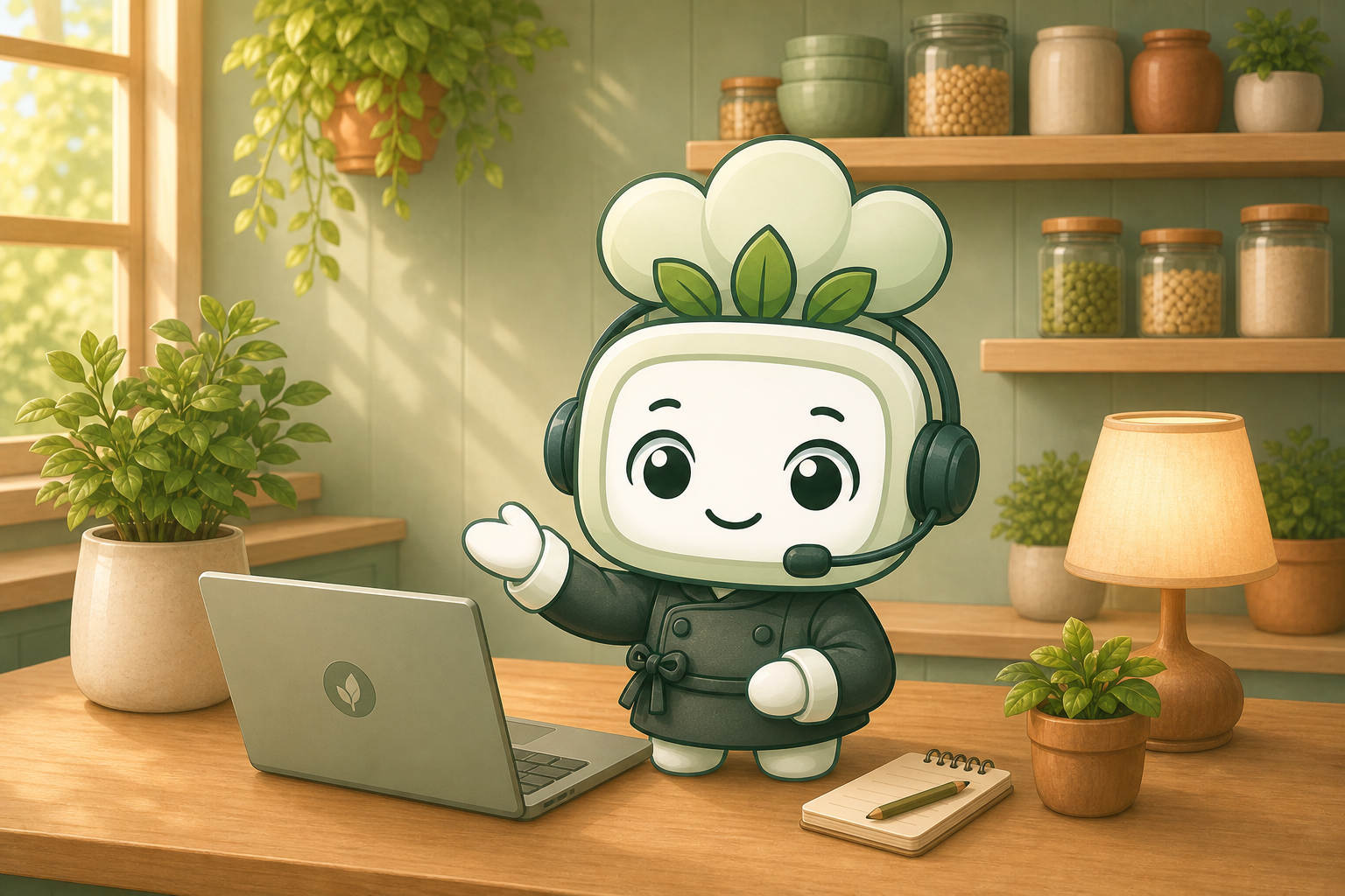 Cheff wearing a support headset and welcoming customers from a warm kitchen help desk